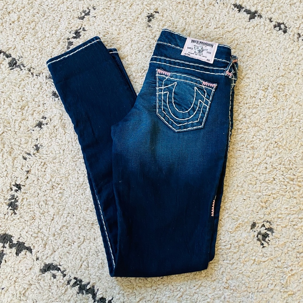 True Religion Skinny Super T Pink Bar Blue Women’s Sz 27